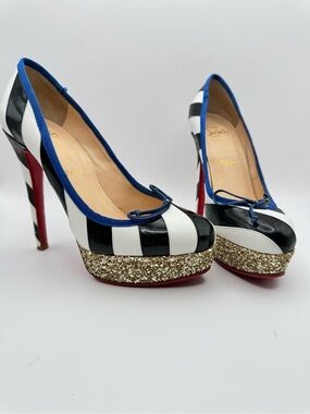 Christian Louboutin Foraine 140 Striped Glitter Platform Pumps 37 platform
